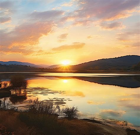 A Painting Of Sunset Over Lake Background Sunset Lake Painting