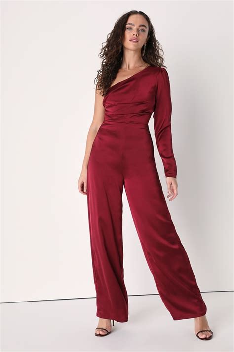 Red Satin Jumpsuit One Shoulder Jumpsuit Wide Leg Jumpsuit Lulus