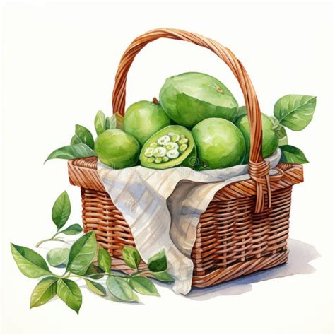 Feijoa In Picnic Basket Watercolor Clipart With Juicy Fruits Stock