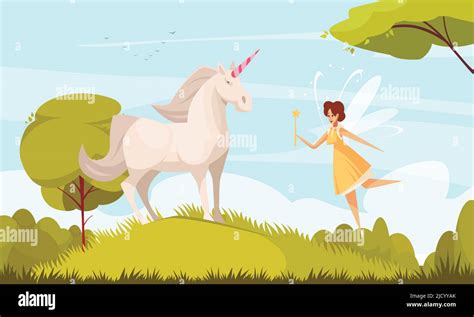 Fairy Tale Background With Unicorn And Flying Fairy Flat Vector