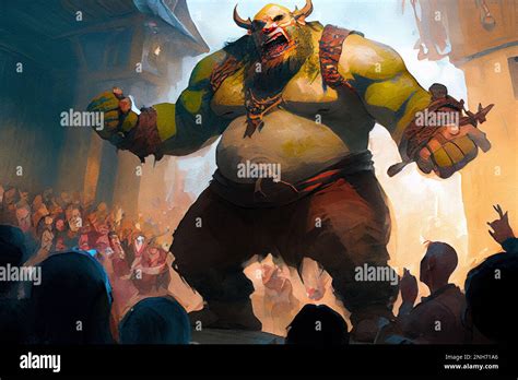 A Giant Ogre With A Big Belly And Sharp Teeth Threatening A Group Of