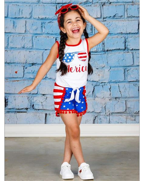 Mia Belle Girls Girls 4th Of July Merica Knot Tank And American Flag Pom Pom Shorts Set Size