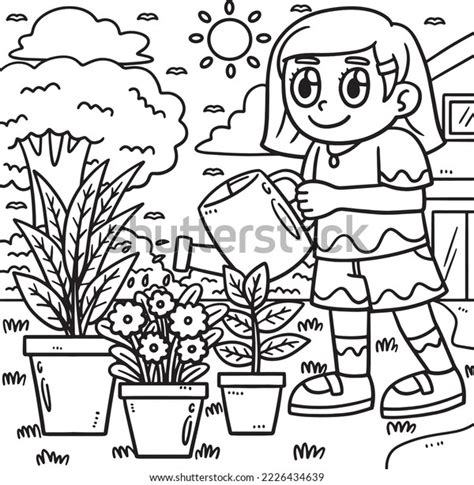 Earth Day Girl Watering Plants Coloring Stock Vector Royalty Free