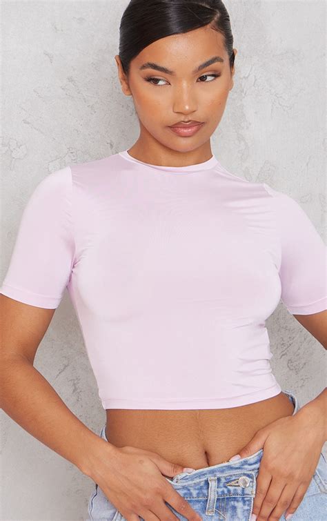 Basic Light Pink Slinky Short Sleeve Crop Top Prettylittlething Usa