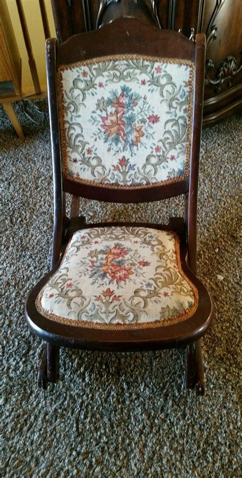 Vintage American Wooden Folding Rocking Sewing Chair Victorian Tapestry