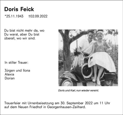 Traueranzeigen Von Doris Feick Vrm Trauer De