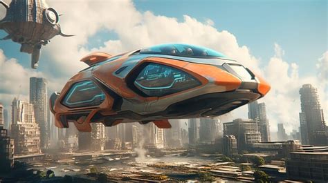 A Futuristic Spaceship Flying Over A City Premium Ai Generated Image