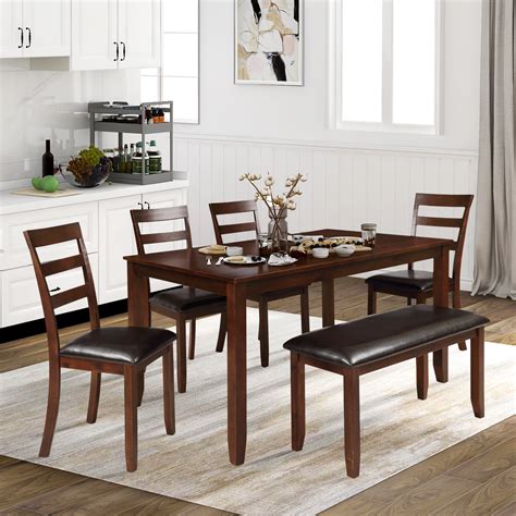 Dining Table Sets for 6 Persons, 6 Piece Veneer Acacia Frames Rectangular Breakfast Table with 4 ...