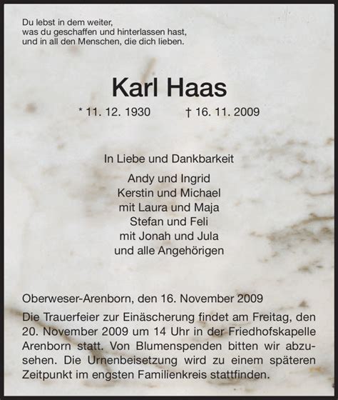 Traueranzeigen Von Karl Haas Trauer Hna De