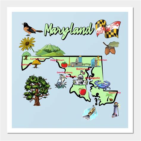 Maryland Tourist Map With Landmarks And Symbols