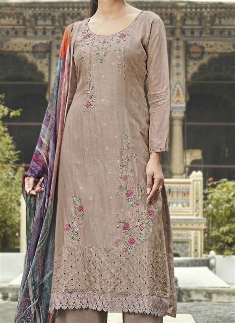 Buy Fawn Art Silk Embroidered Straight Pant Suit After Six Wear Online