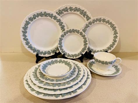 Vintage Wedgwood Embossed Queensware Sage Celadon On Cream Pc Dinner