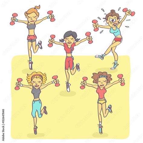 Funny vector cartoon with group of women exercising aerobics while one ...