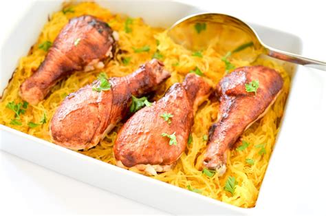 One Dish Spaghetti Squash And Spicy Bbq Chicken Drumsticks