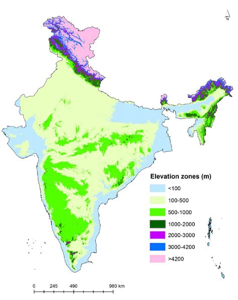 Elevation zone map of India