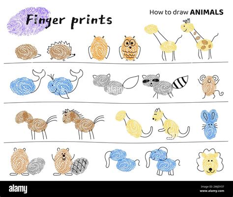 Finger prints art. Task for kids how to make different Animals Stock ...