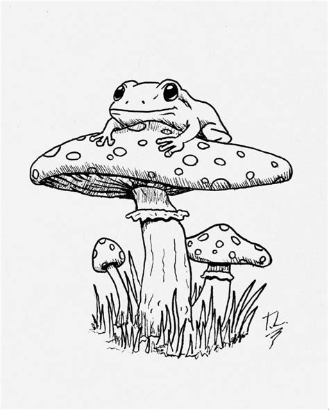 A Drawing Of A Frog Sitting On Top Of A Mushroom With Two Toadlings