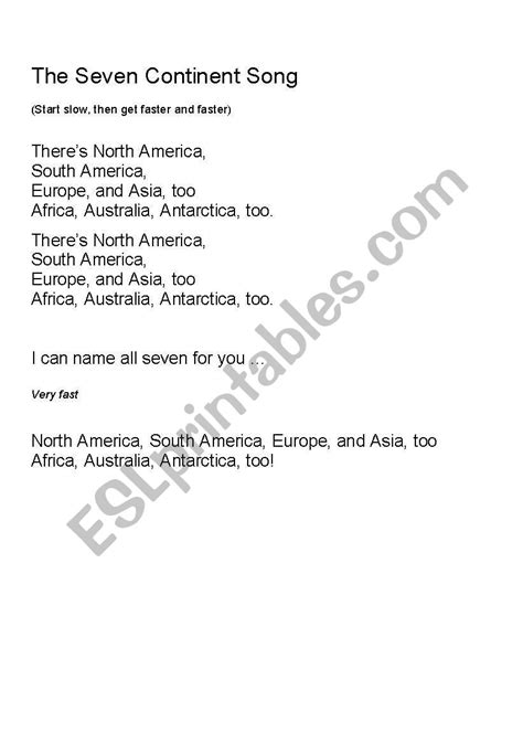 English worksheets: The Continent Song