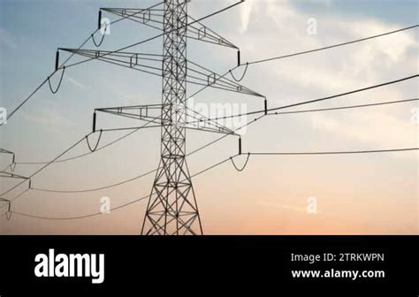 Electricity Pylons And Lines On A Beautiful Sky High Voltage