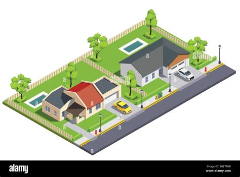 Suburban City Buildings Isometric Composition With View Of Small