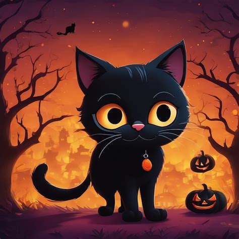 Gato Preto Bonito Dos Desenhos Animados Dia De Halloween Foto Premium