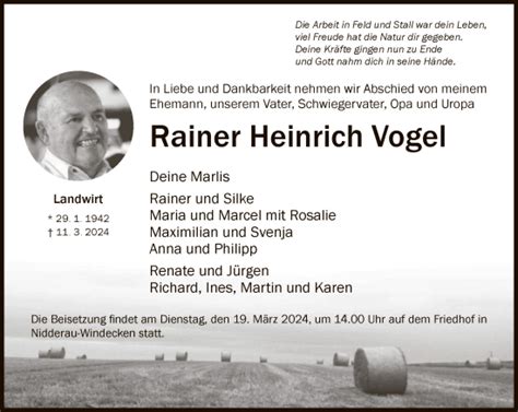 Traueranzeigen Von Rainer Heinrich Vogel Trauer Op Online De