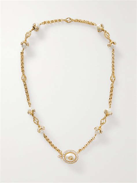 Gucci Gold Tone Crystal And Faux Pearl Necklace Net A Porter