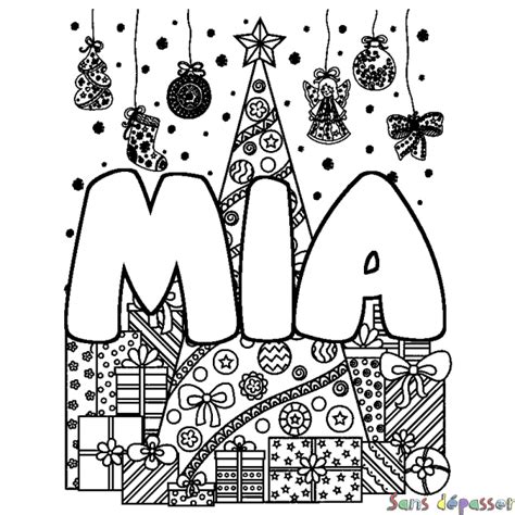 Coloriage prénom MIA décor Sapin et Cadeaux Sans Dépasser