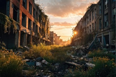 Premium Photo Sunlit Abandoned City Street With Overgrown Vegetation