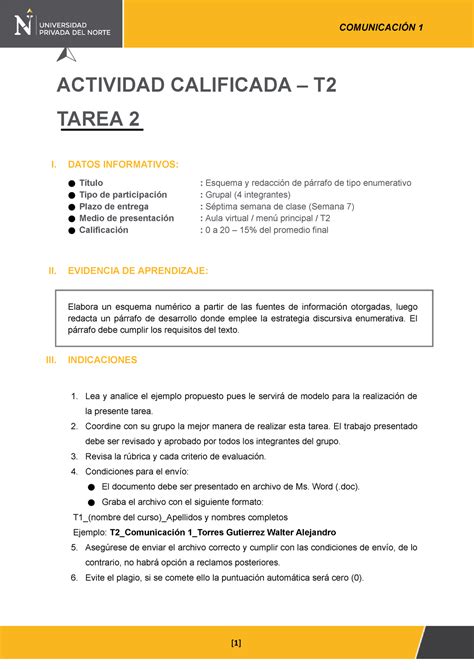 T2 Comunicación 1 Comunicacion ACTIVIDAD CALIFICADA T TAREA 2 I