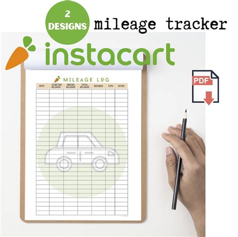 Instacart Mileage Log Printable File Mileage Tracker Etsy