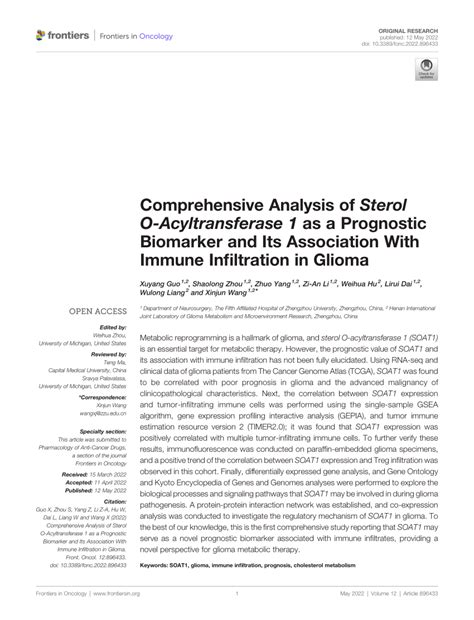 Pdf Comprehensive Analysis Of Sterol O Acyltransferase 1 As A Prognostic Biomarker And Its