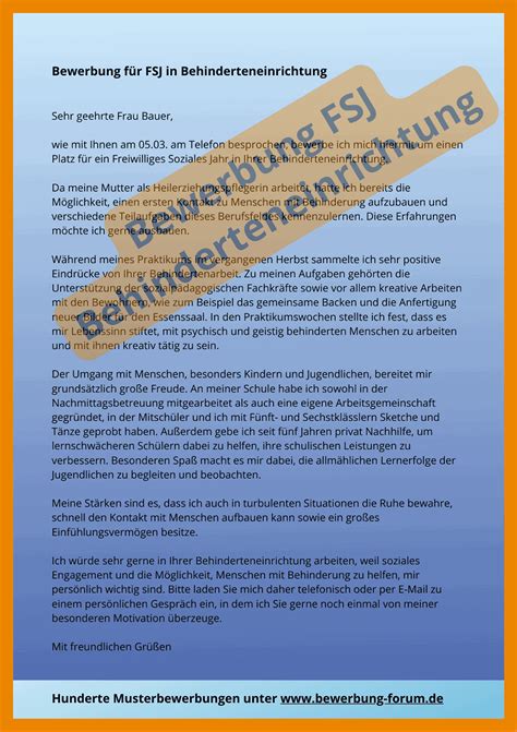 Bewerbung FSJ Behinderteneinrichtung Motivationsschreiben