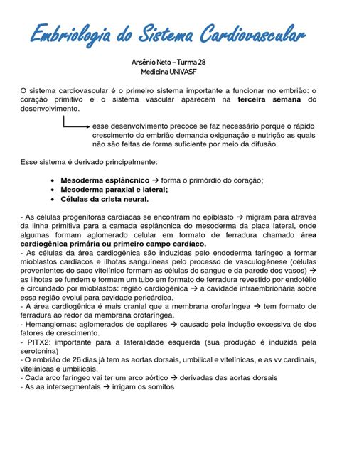 Embriologia Do Sistema Cardiovascular Pdf Coração Veia