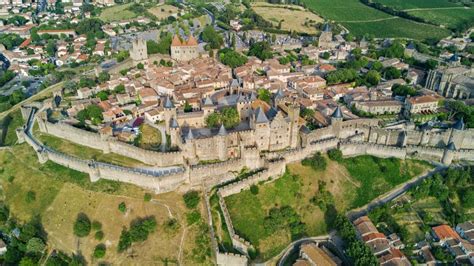 Aerial Top View of Carcassonne Medieval City and Fortress Castle from ...