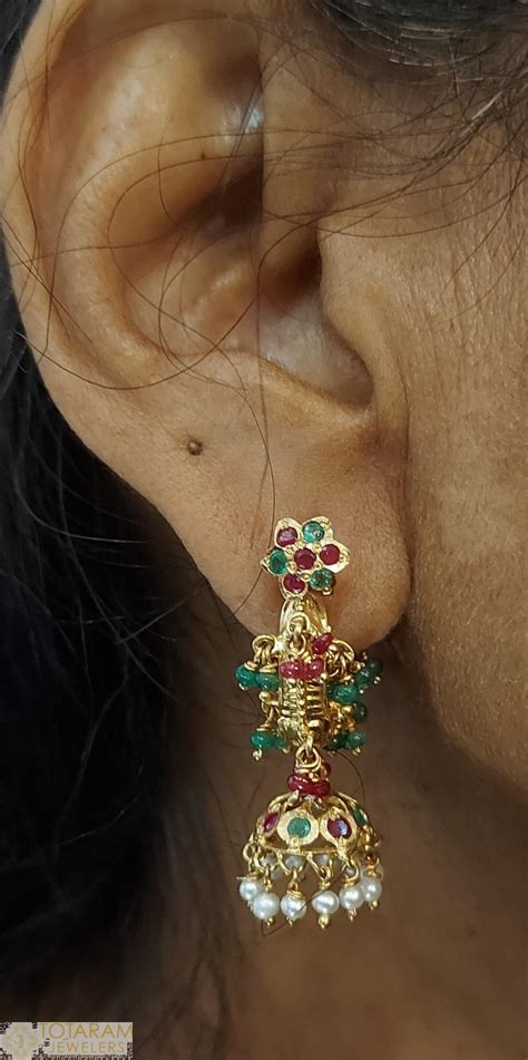 Makarakundanalu 22K Gold Hoop Earrings With Ruby Emerald Beads