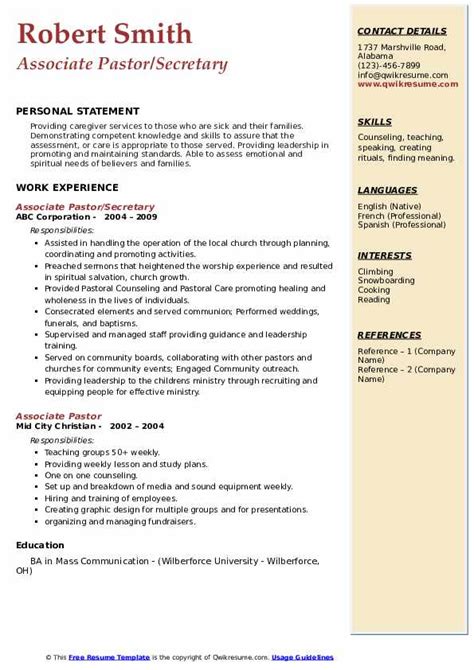 Pastor Resume Sample