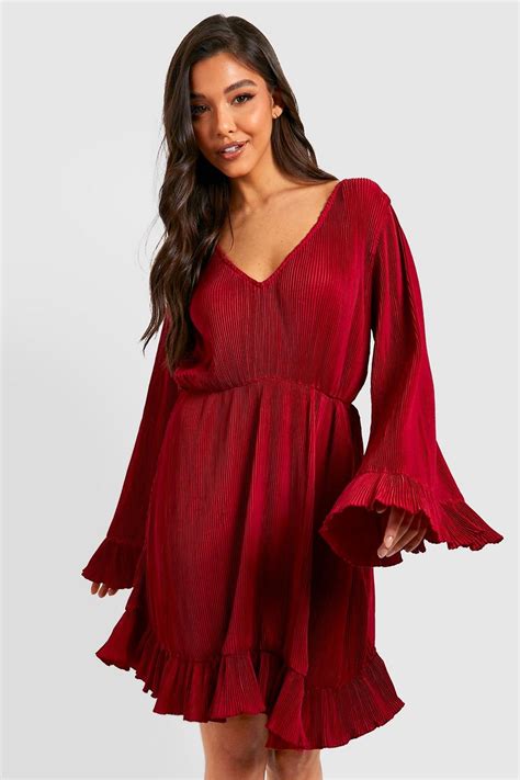 Pleated V Neck Smock Dress Boohoo Uk