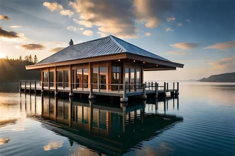 Una Casa Sobre El Agua Con La Puesta De Sol De Fondo Foto Premium