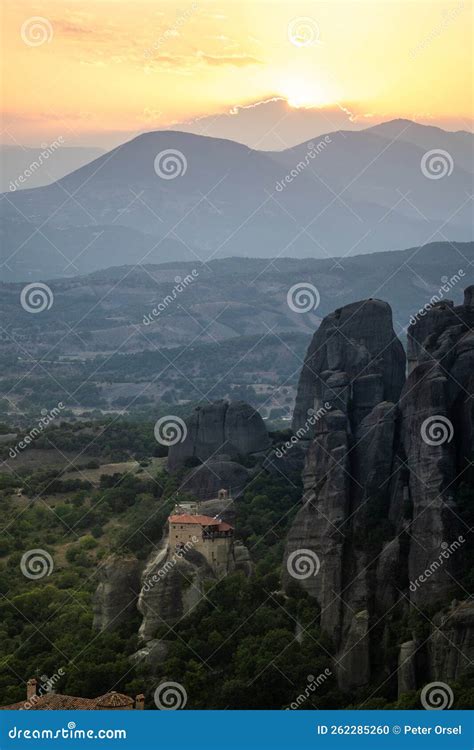 Aerial Drone View of Monastery in Meteora, Greece Golden Hour Sunset ...