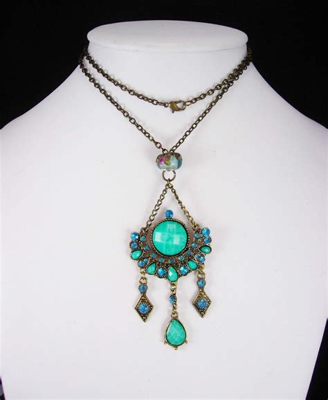 Bohemian Chandelier Necklace Turquoise Sterling Glass Gypsy Rhinestone