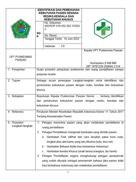 Sop Identifikasi Dan Pemenuhan Kebutuhan Pasien Resiko Kendala Dan