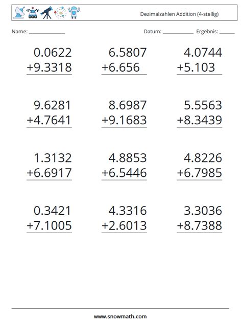 12 dezimalzahlen addition 4 stellig Mathe Arbeitsblätter Mathe