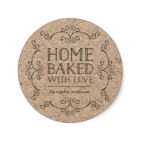 Rustic Faux Kraft Flourishes Home Baked With Love Classic Round Sticker