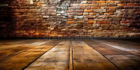 Wooden Floor And Brick Wall For Vintage Wallpaper Hollow Brick Wall For Wallpaper Stock