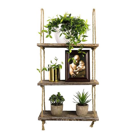 3 Tier Floating Wood Wall Shelf Jute Rope Swing Hanging Window Shelf