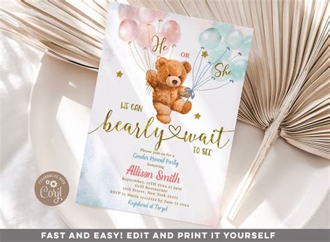 Bear Gender Reveal Invitation Editable We Can Bearly Wait Etsy