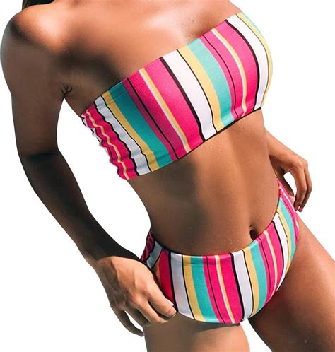 Bikini Talle Alto Bandeau Sin Tirantes Mujer Rayas Trajes de Baño