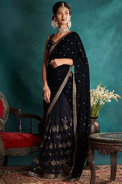 Navy Blue Embroidered Saree Set Design By Lashkaraa At Pernias Pop Up Shop 2024