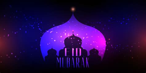 Eid Mubarak Background With Mosque Silhouette On Bokeh Lights Design